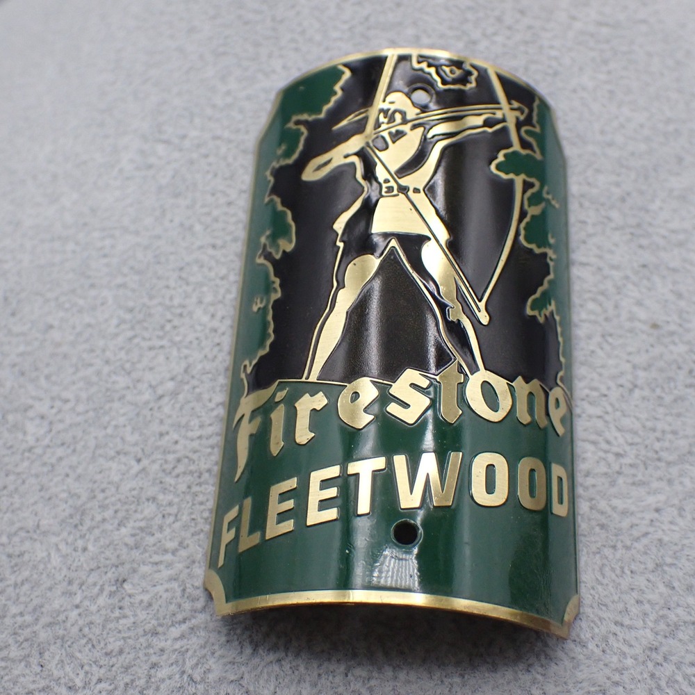 READ VTG Firestone Fleetwood Bicycle Head Badge Archer Metal Emblem Green Brass